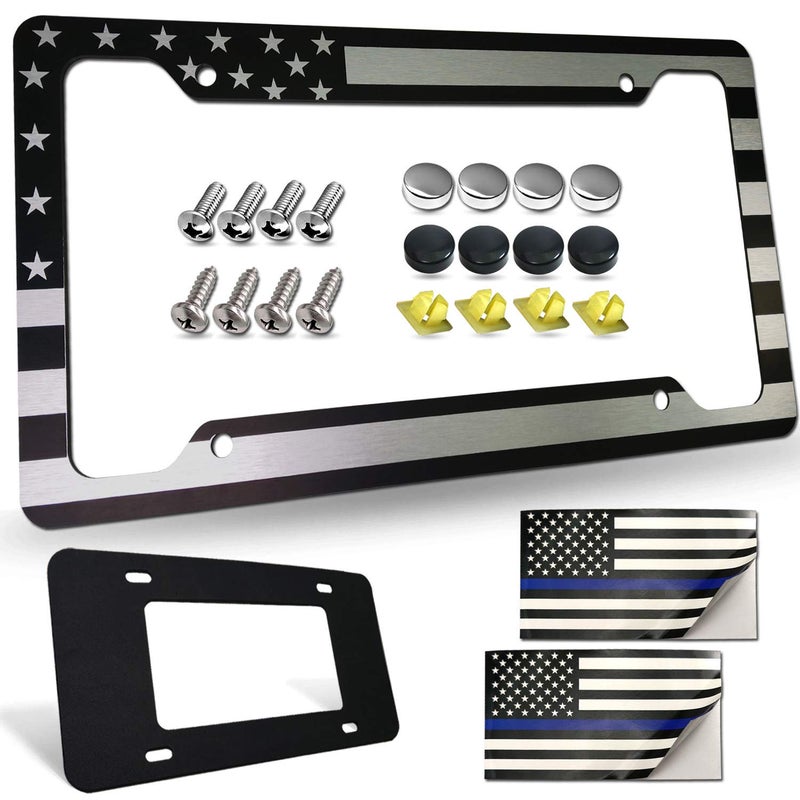 FBJTDQ Flag License Plate Frame- USA Patriotic Personalized Car Tag Holder, 4 Hole Black Heavy-Duty Aluminum Bracket, Novelty Thin Cover for Front Bumper, Truck or SUV, Screws, Caps, Flag Decal - Image 1